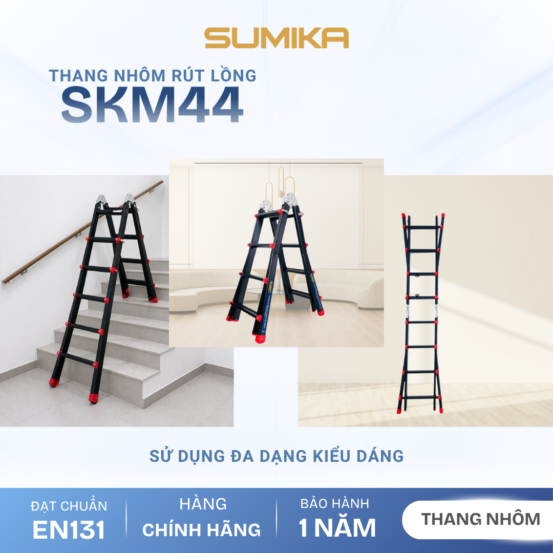  Thang Nhôm Chữ A Rút Lồng SUMIKA SKM44, Chiều Cao 2M, Tải Trọng 300kg 