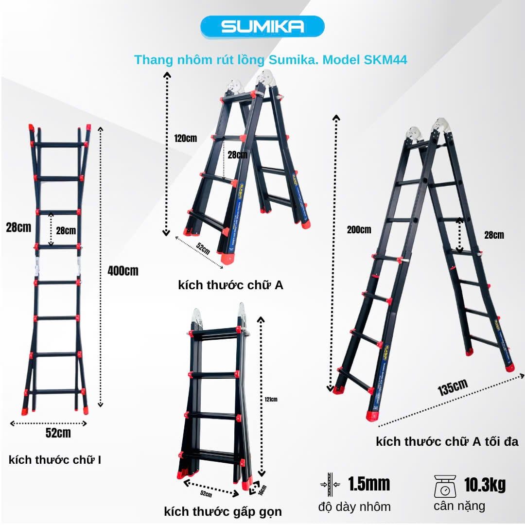  Thang Nhôm Chữ A Rút Lồng SUMIKA SKM44, Chiều Cao 2M, Tải Trọng 300kg 