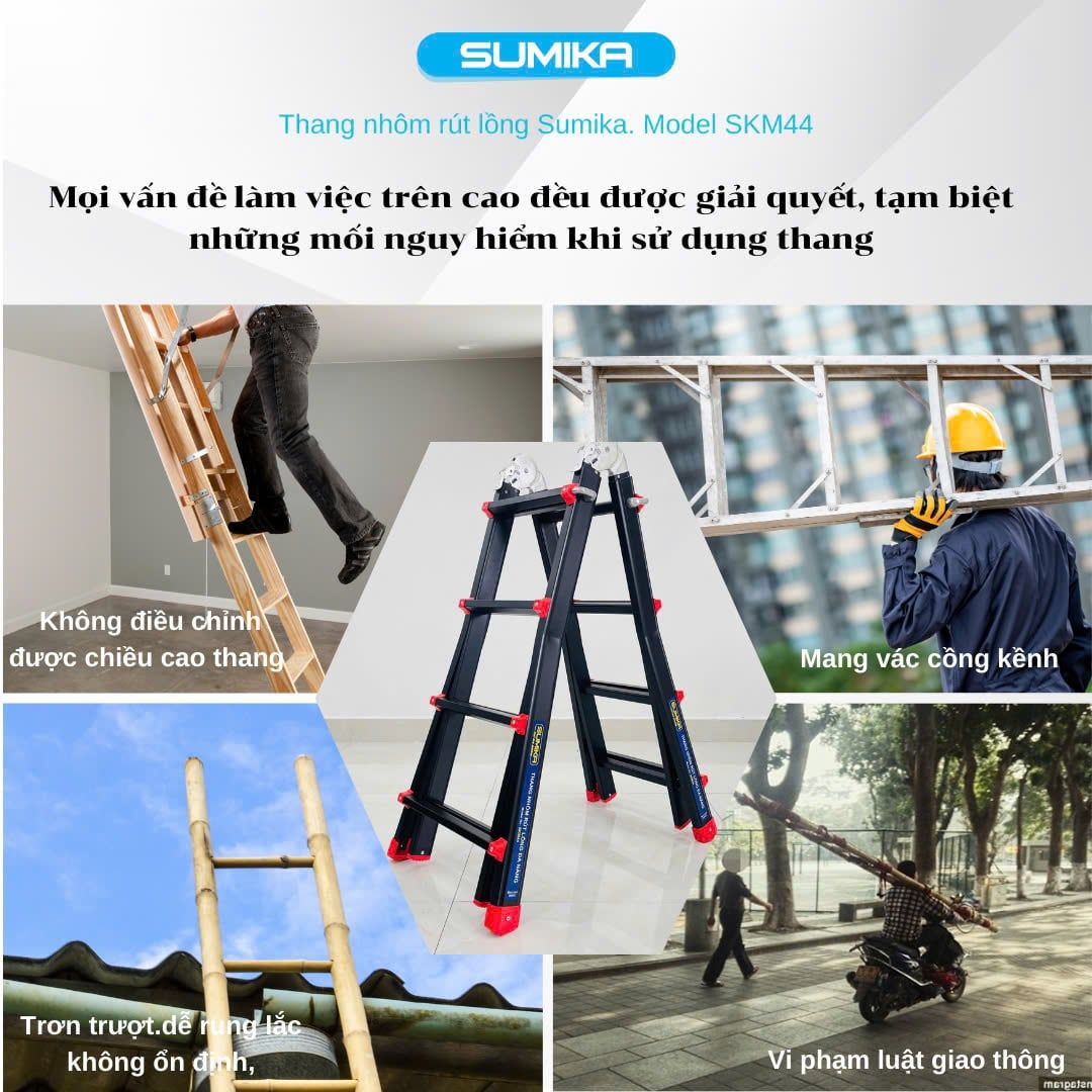  Thang Nhôm Chữ A Rút Lồng SUMIKA SKM44, Chiều Cao 2M, Tải Trọng 300kg 