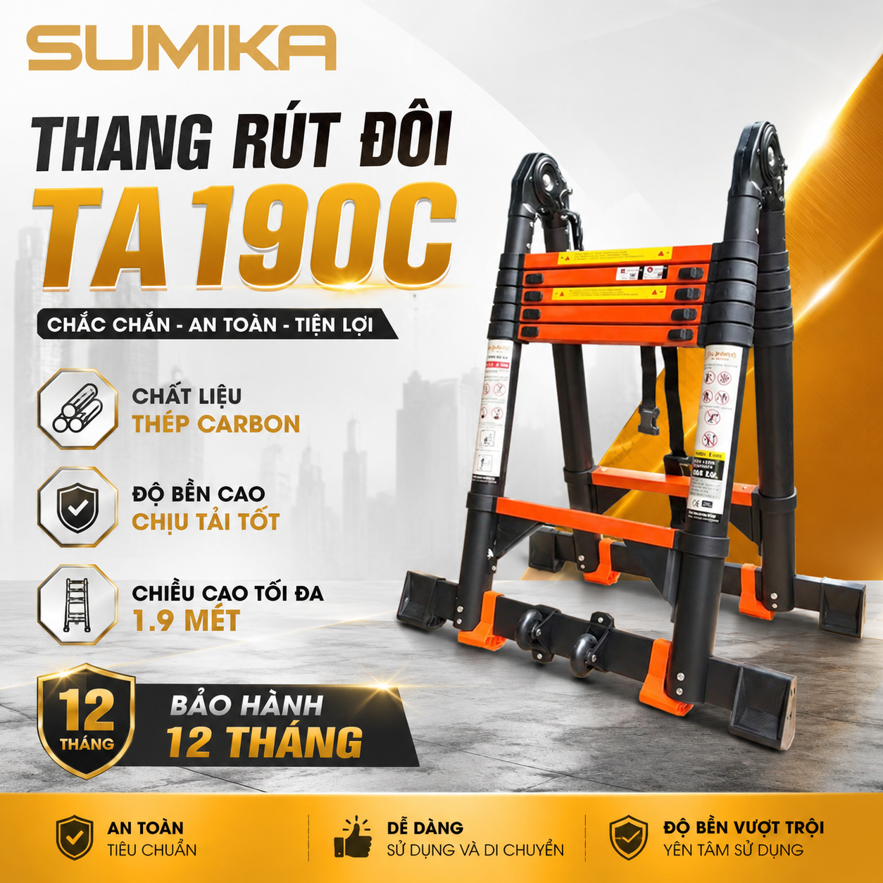 Thang rút đôi thép Carbon SUMIKA TA190C, chữ A cao 1M9 