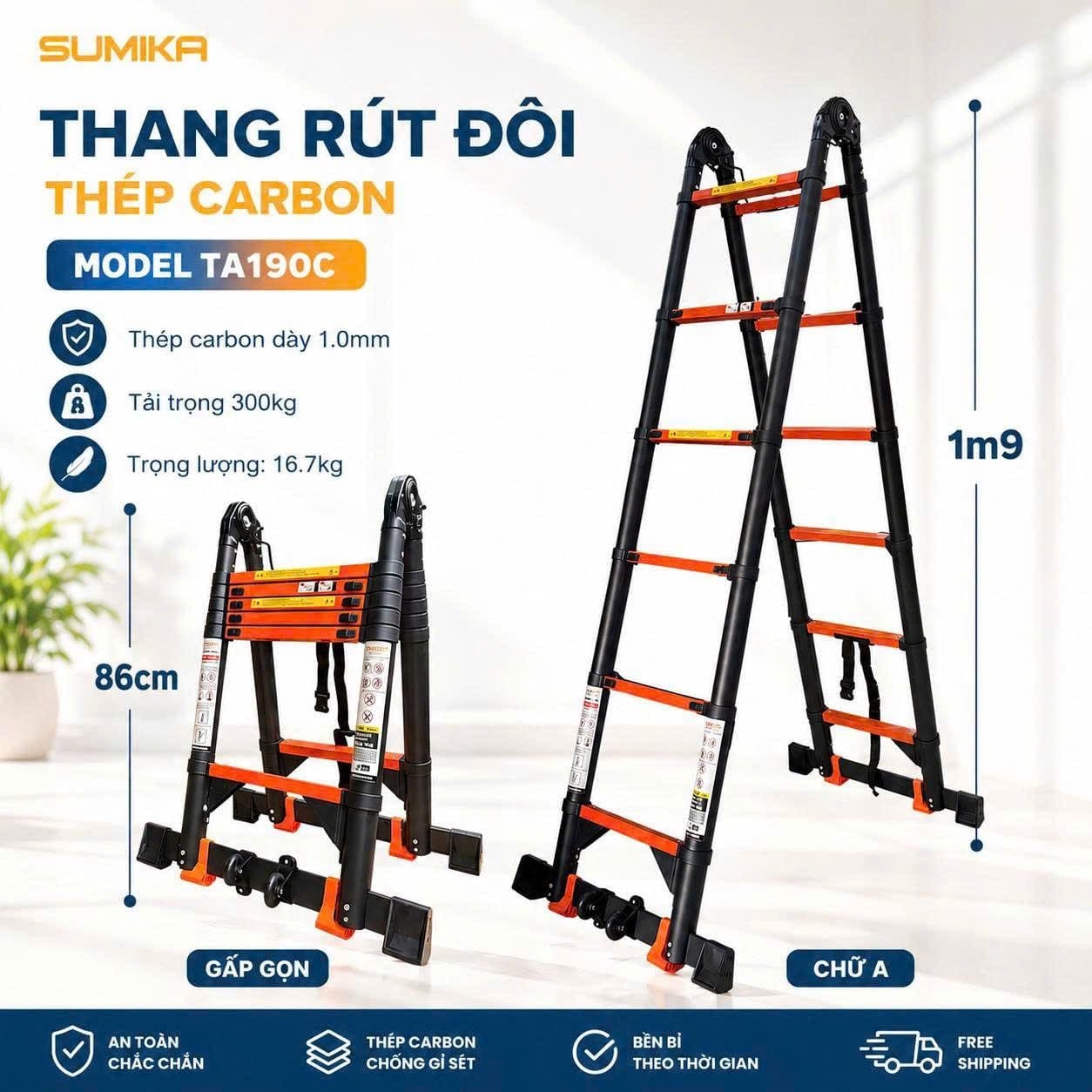 Thang rút đôi thép Carbon SUMIKA TA190C, chữ A cao 1M9 