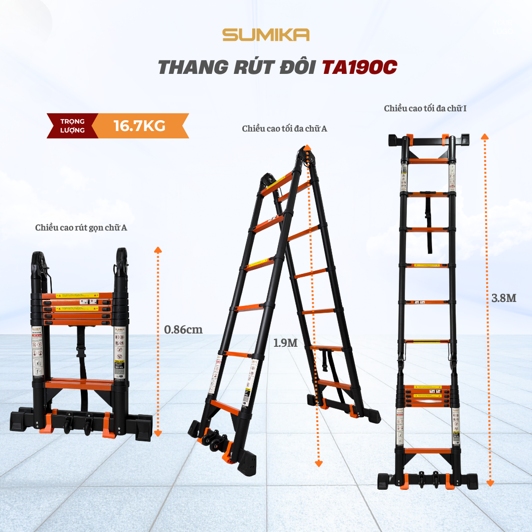  Thang rút đôi thép Carbon SUMIKA TA190C, chữ A cao 1M9 