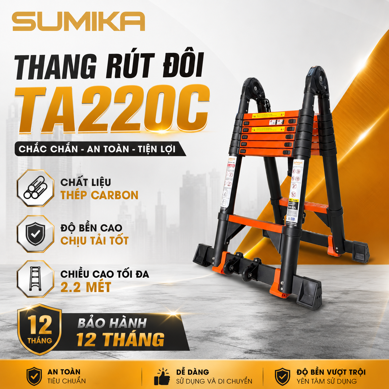  Thang rút đôi thép Carbon SUMIKA TA220C, chữ A cao 2M2 