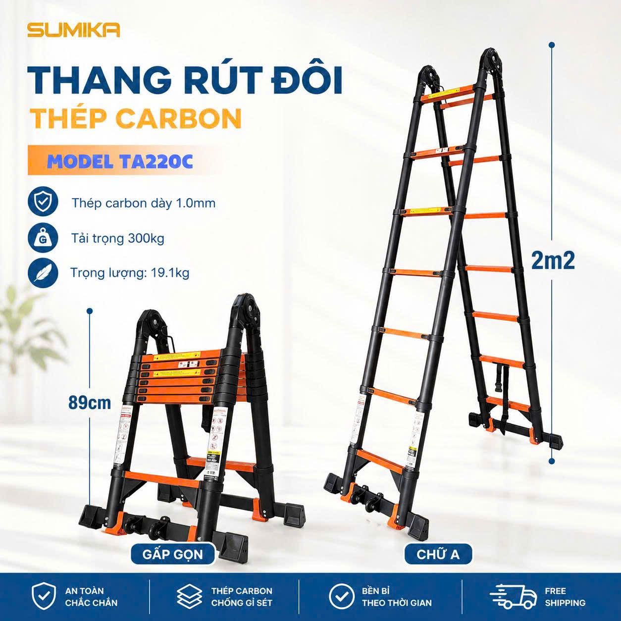  Thang rút đôi thép Carbon SUMIKA TA220C, chữ A cao 2M2 