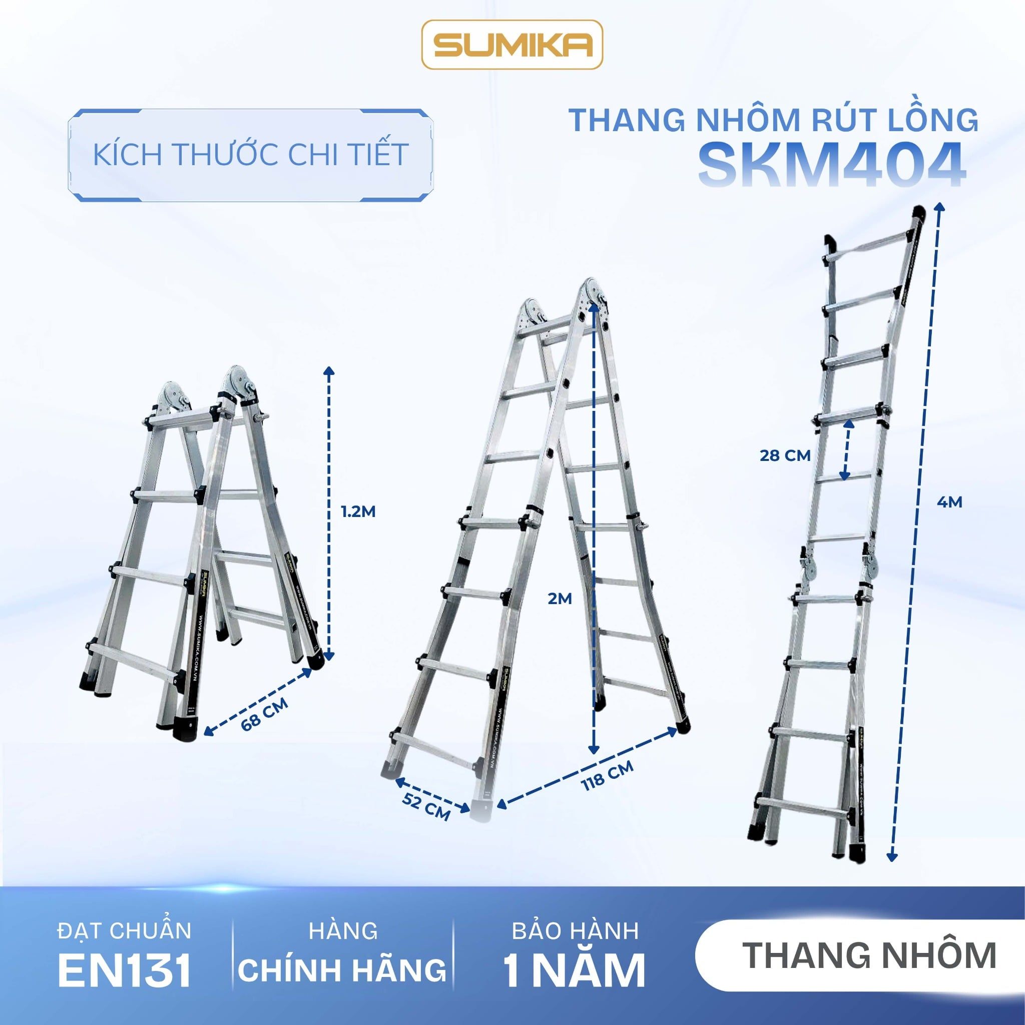  Thang nhôm rút lồng chữ A SUMIKA SKM404, chữ A cao 2m 