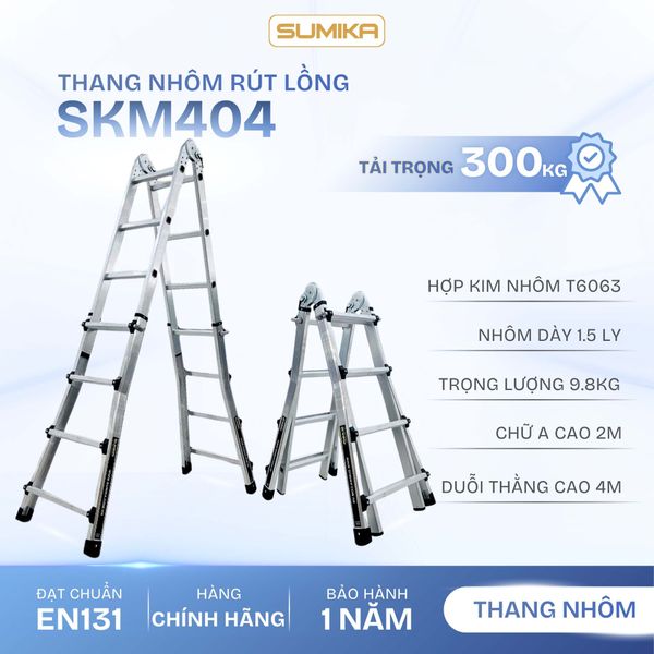  Thang nhôm rút lồng chữ A SUMIKA SKM404, chữ A cao 2m 