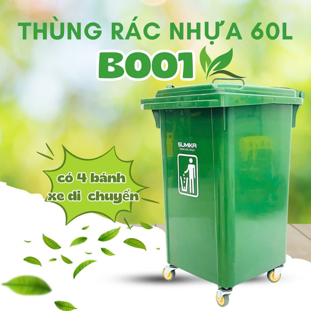  Thùng rác nhựa gia đình SUMIKA B001, có 4 bánh xe 