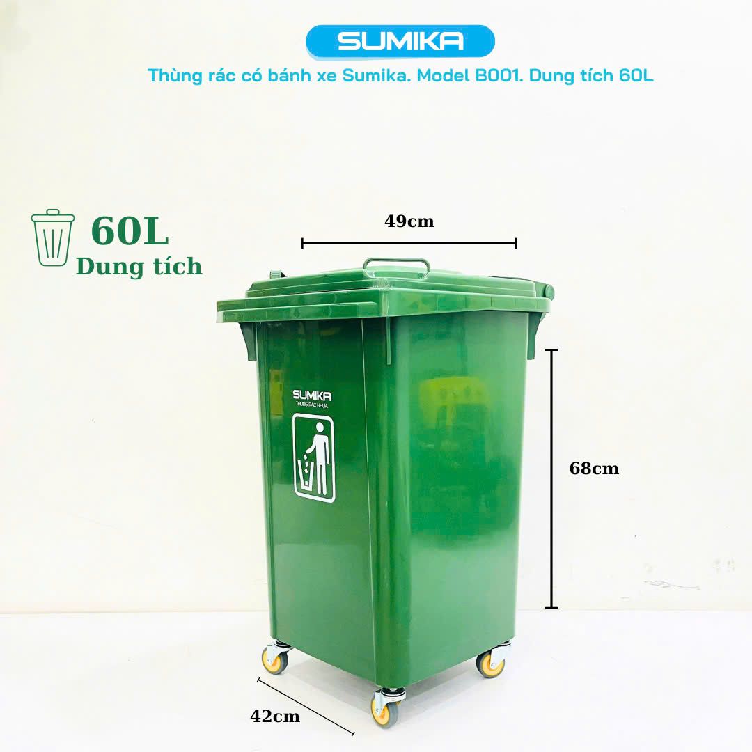  Thùng rác nhựa gia đình SUMIKA B001, có 4 bánh xe 