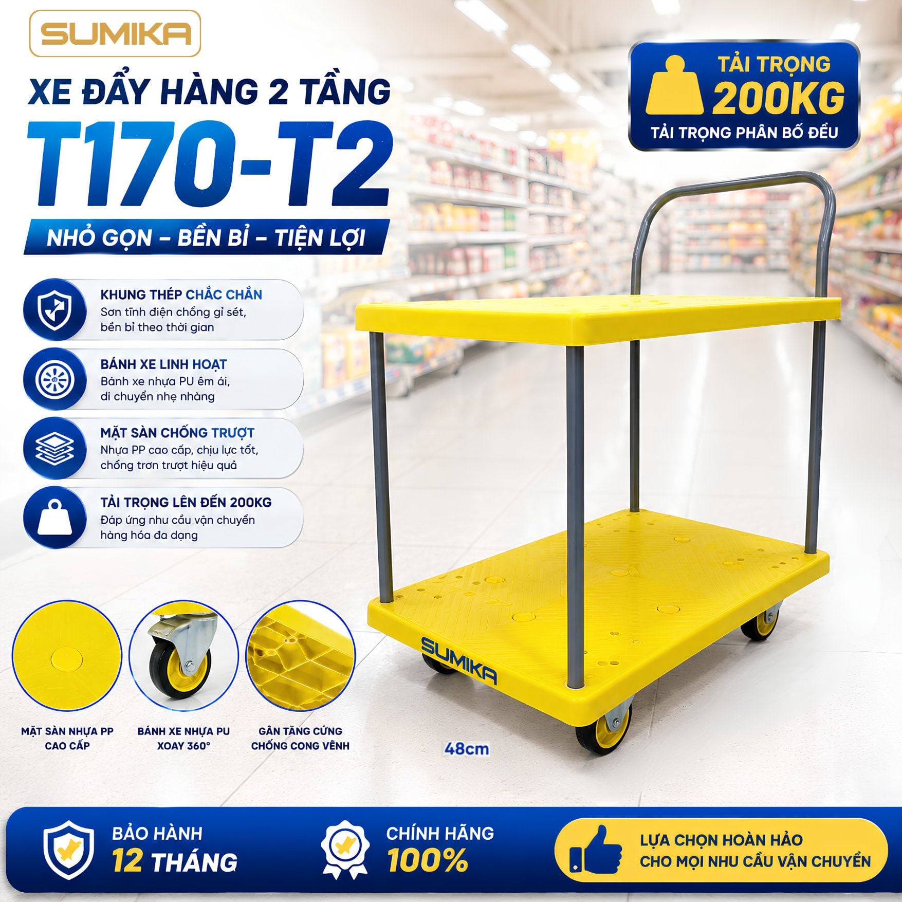  Xe đẩy hàng sàn nhựa SUMIKA T170-T2, có 2 tầng 