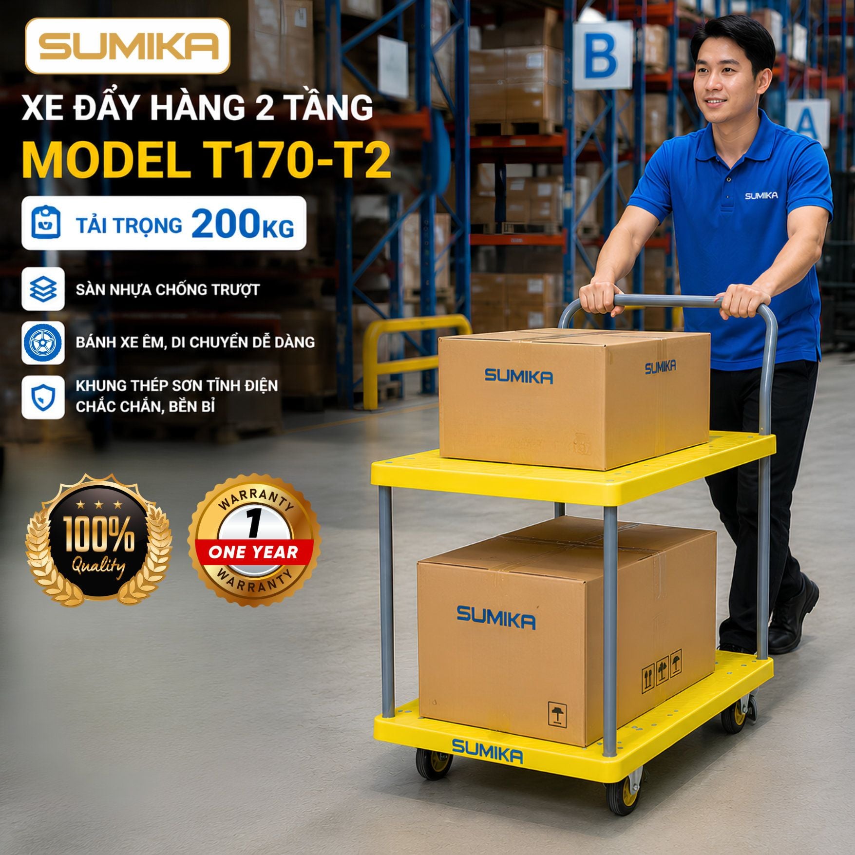  Xe đẩy hàng sàn nhựa SUMIKA T170-T2, có 2 tầng 