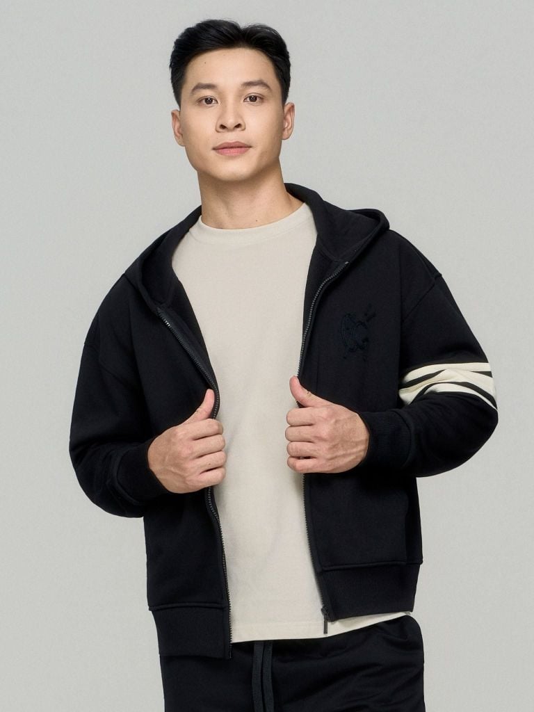 Áo Khoác Hoodie Zip Nam Mixing Horizontal Stripes Form Loose