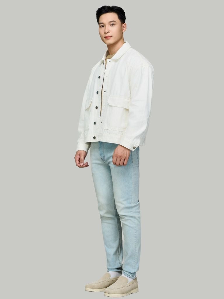 Áo Khoác Jeans Nam Offwhite Pocket Form Loose
