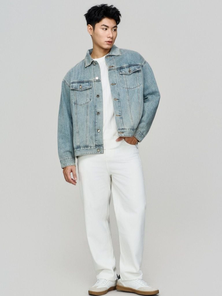 Áo Khoác Jean Nam ICON105 Lightweight Mid Blue Form Loose