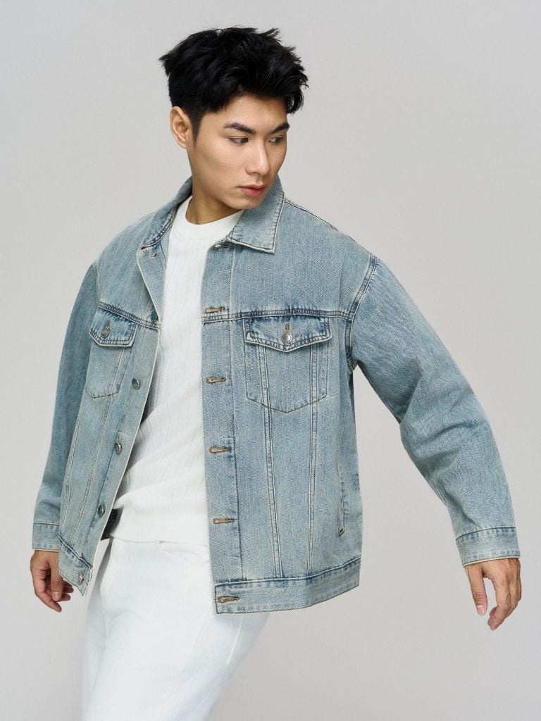 Áo Khoác Jean Nam ICON105 Lightweight Mid Blue Form Loose
