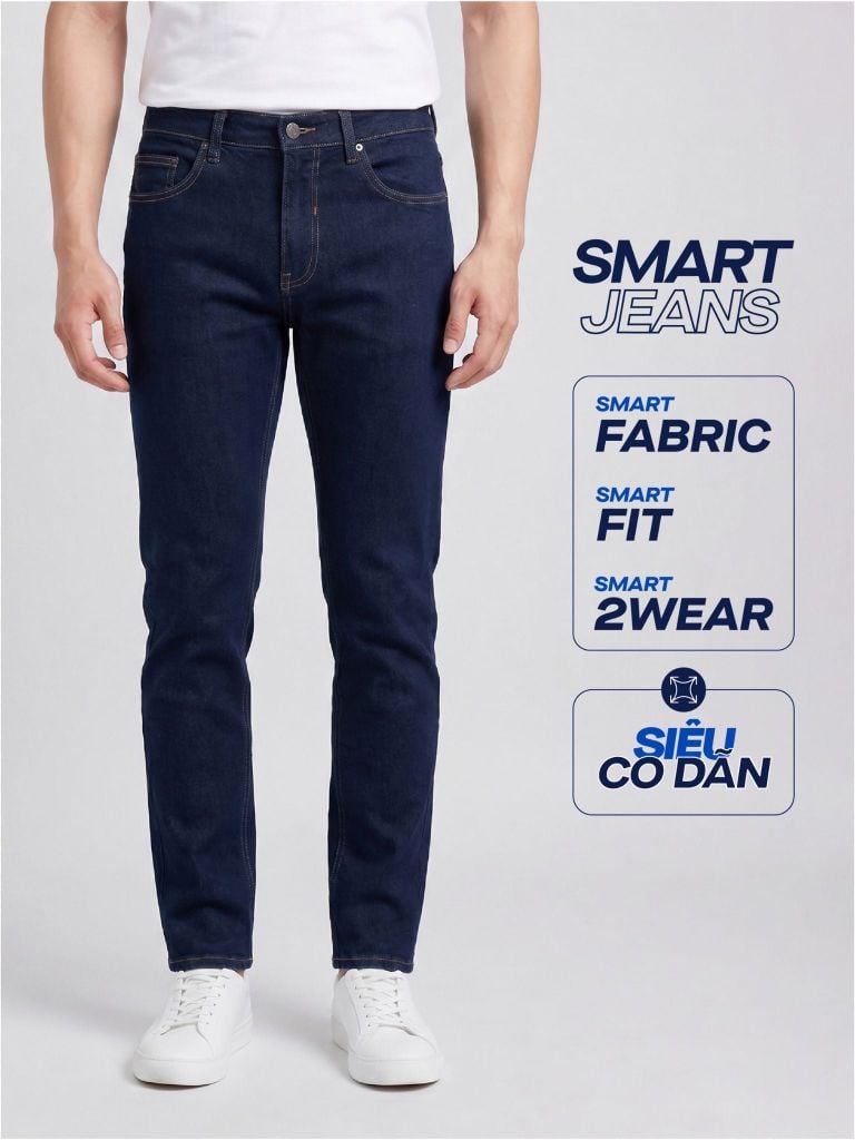 Quần Smart Jean Nam Siêu Co Dãn Deep Rinse Indigo Form Smart Fit