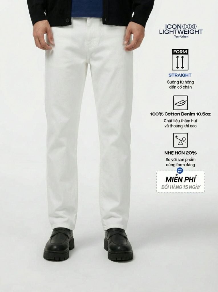 Quần Jean Nam Siêu Nhẹ Ống Suông ICON105 Lightweight Off White Form Straight