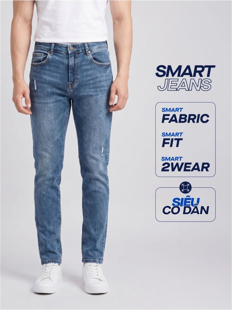 Quần Smart Jeans Nam Siêu Co Dãn Xanh Trơn Form Smart Fit