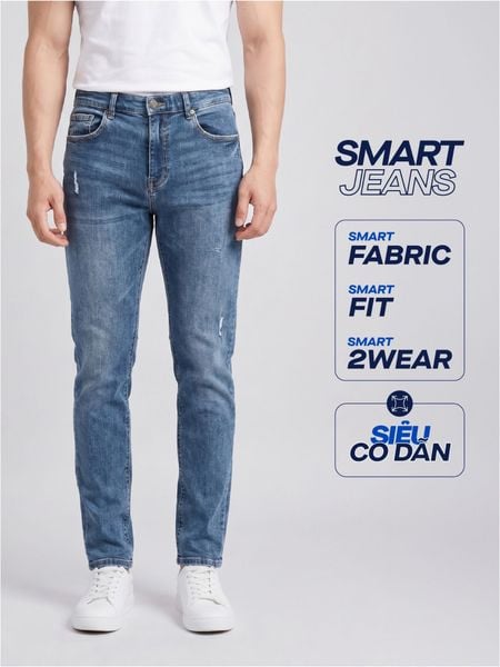 Quần Smart Jeans Nam Siêu Co Dãn Xanh Trơn Form Smart Fit