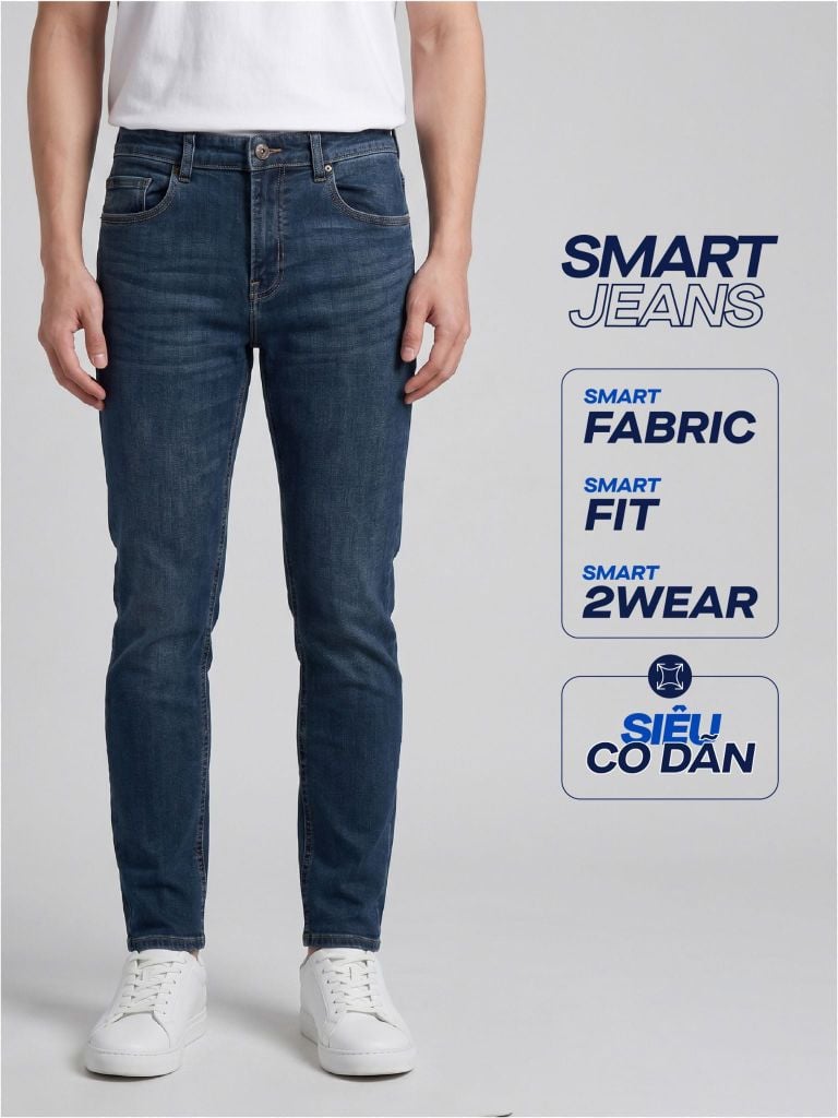 Quần Smart Jeans Nam Siêu Co Dãn Xanh Đậm Trơn Form Smart Fit