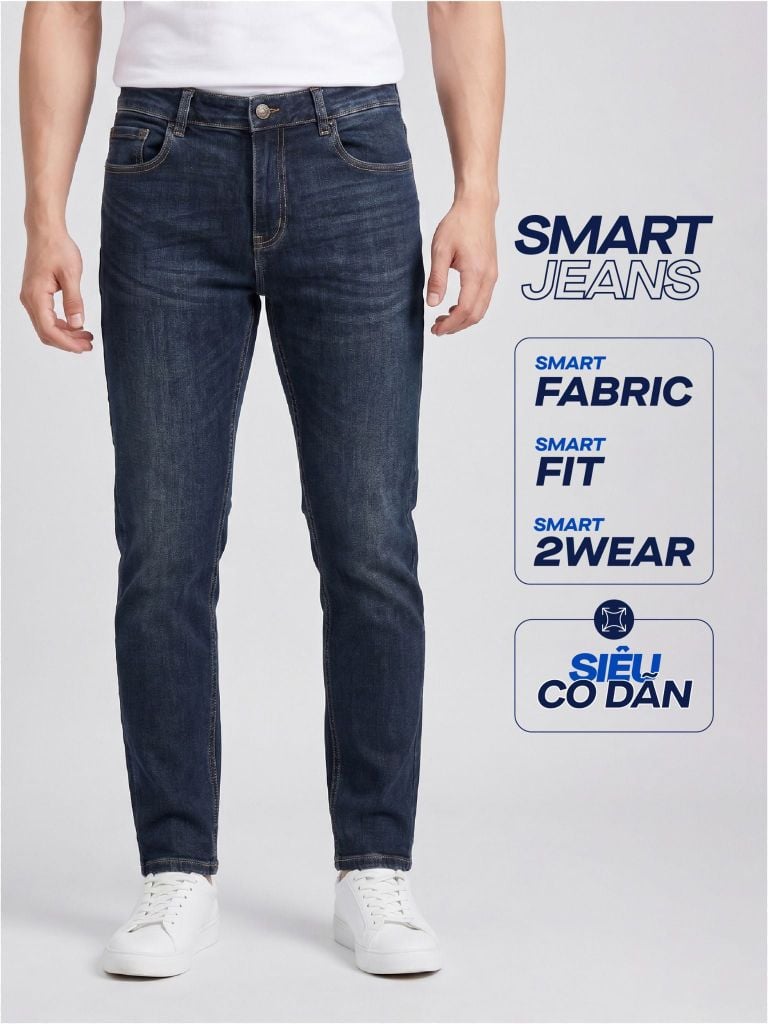 Quần Smart Jeans Nam Siêu Co Dãn Xanh Đậm Form Smart Fit