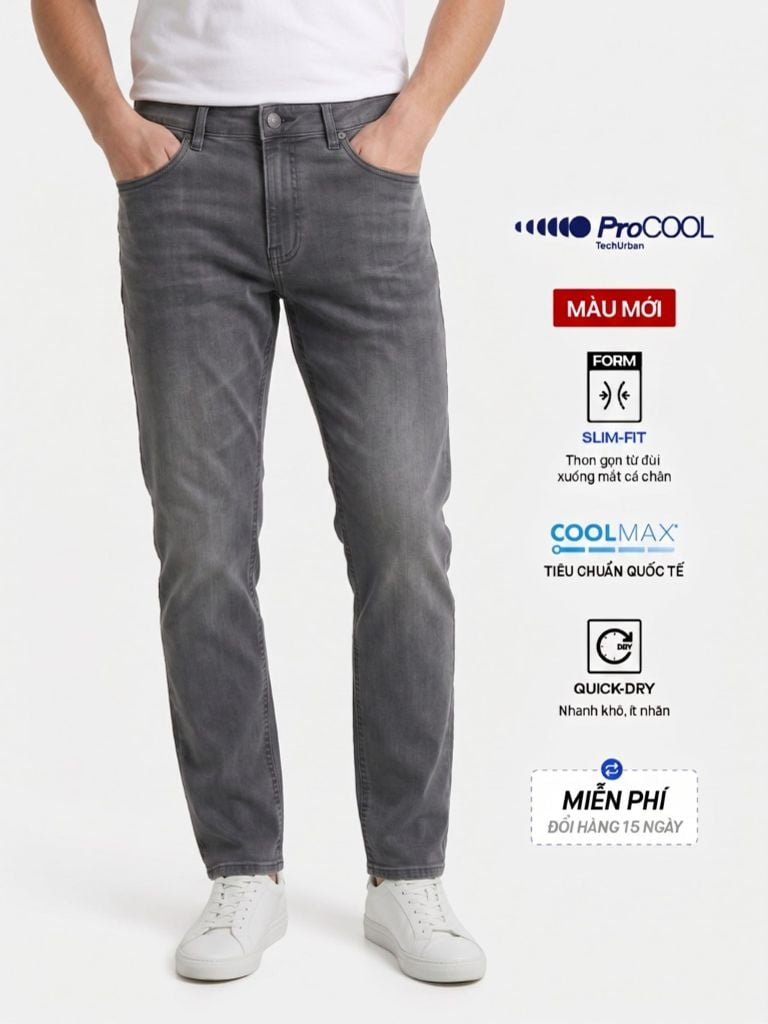 Quần Jeans Nam Siêu Mát Ống Ôm ProCOOL Light Grey Form Slim