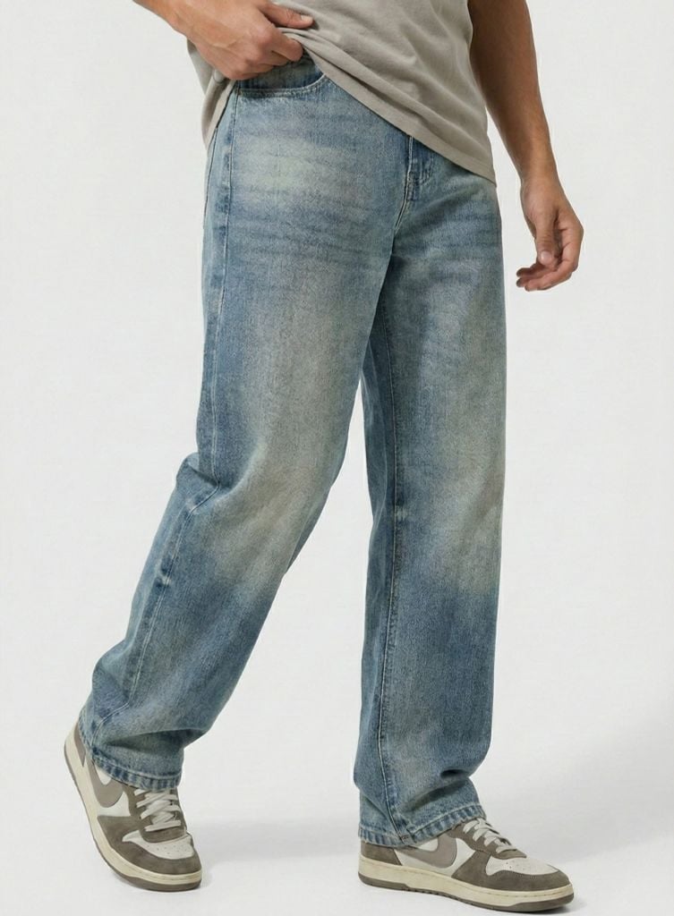 Quần Jeans Nam Vintage Washed Blue Form Baggy
