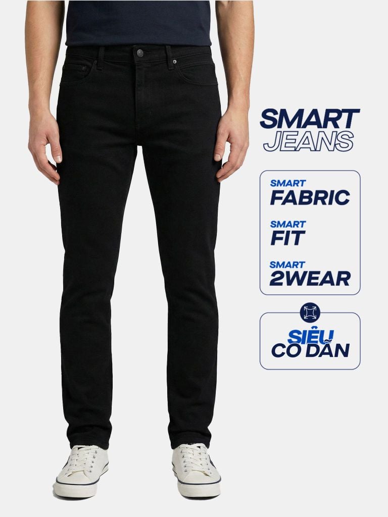 Quần Smart Jean Nam Siêu Co Dãn Đen Trơn Form Smart Fit