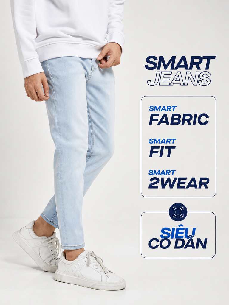 Quần Smart Jeans Nam Siêu Co Dãn Xanh Nhạt Trơn Form Smart Fit
