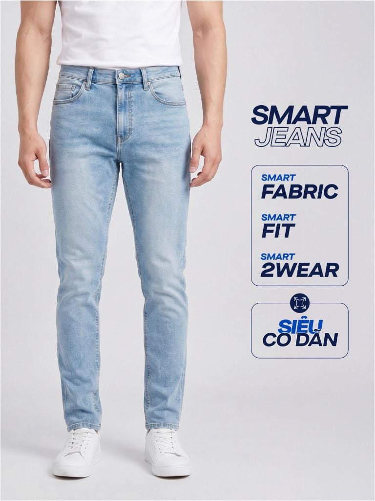 Quần Smart Jeans Nam Siêu Co Dãn Xanh Nhạt Trơn Form Smart Fit