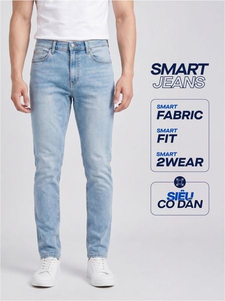 Quần Smart Jeans Nam Siêu Co Dãn Xanh Nhạt Trơn Form Smart Fit