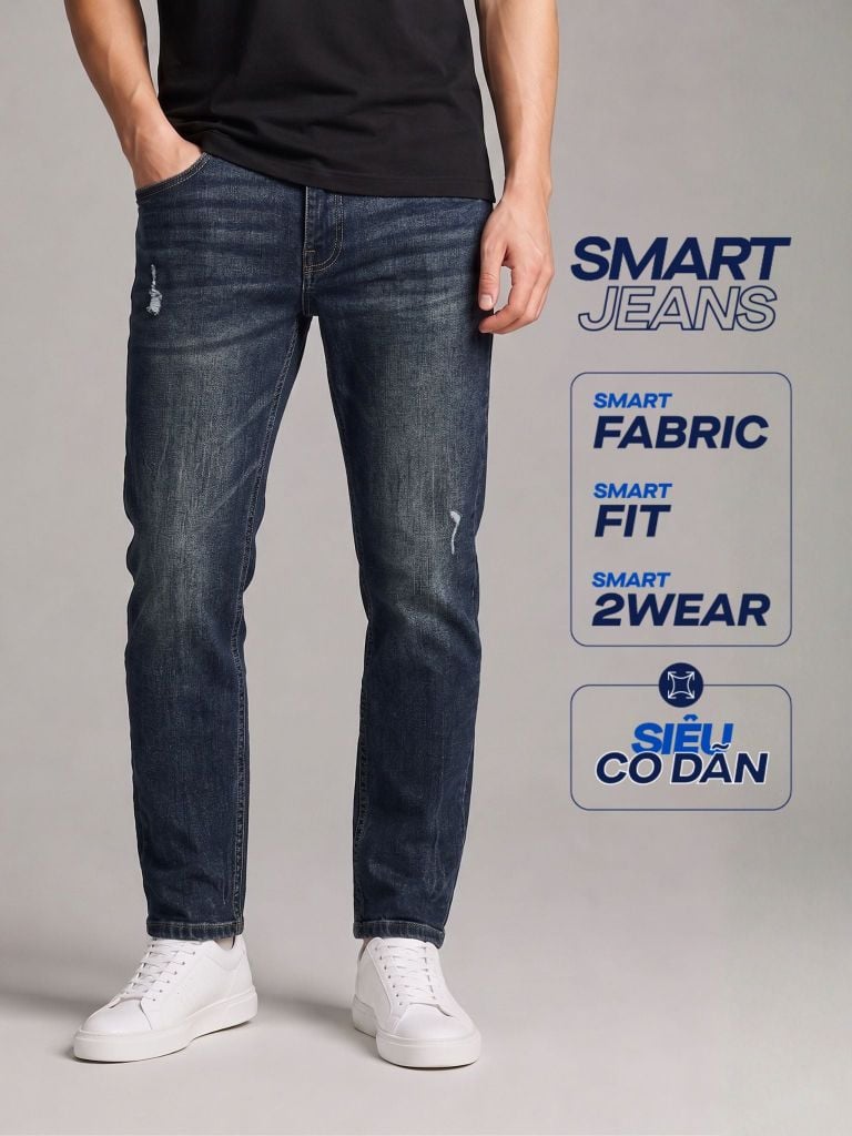 Quần Smart Jeans Nam Siêu Co Dãn Xanh Trơn Form Smart Fit