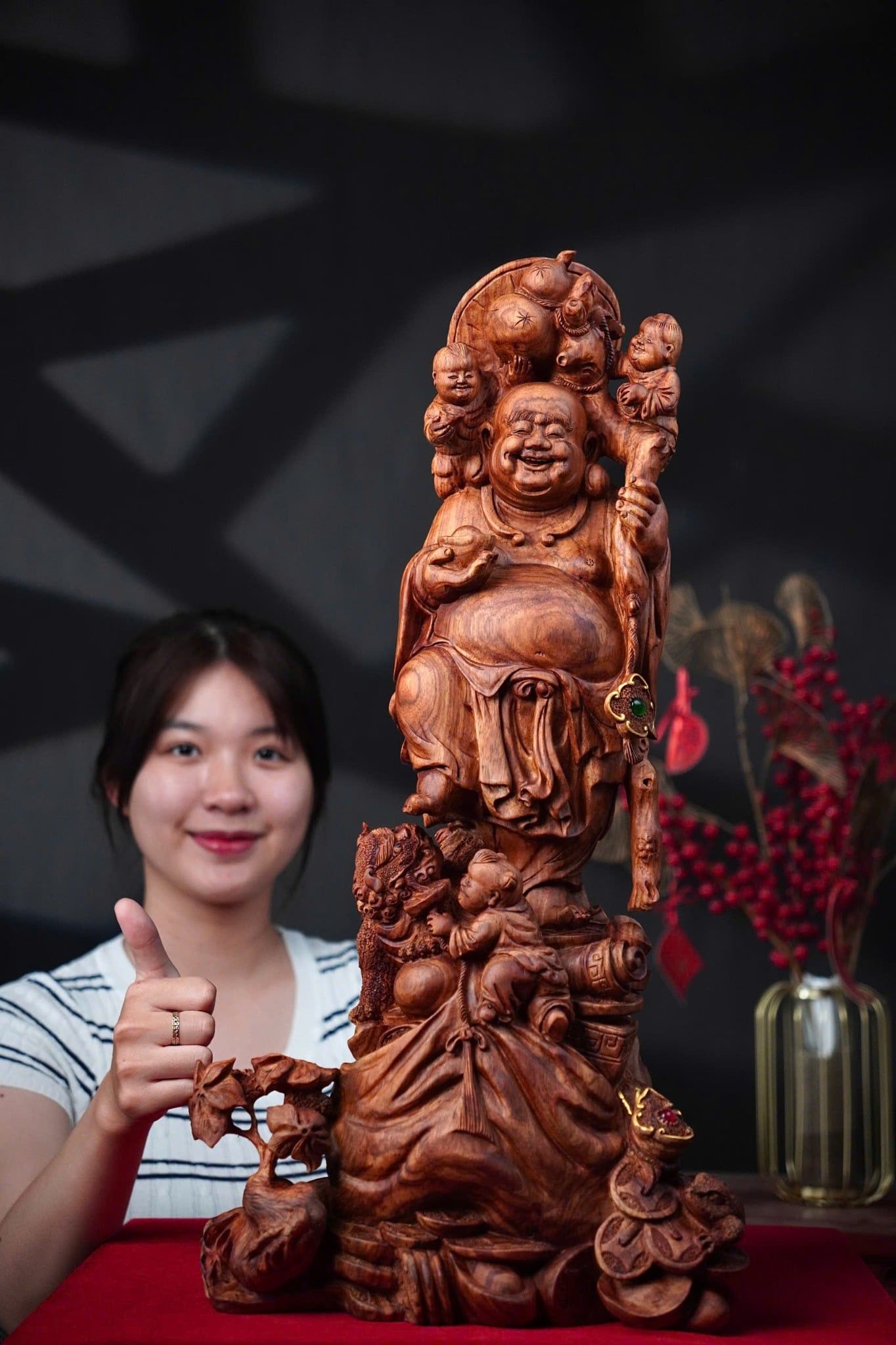 di lặc tam phúc gỗ sưa đỏ bắc