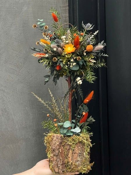 Chậu hoa khô trang trí blossom tree tone xanh