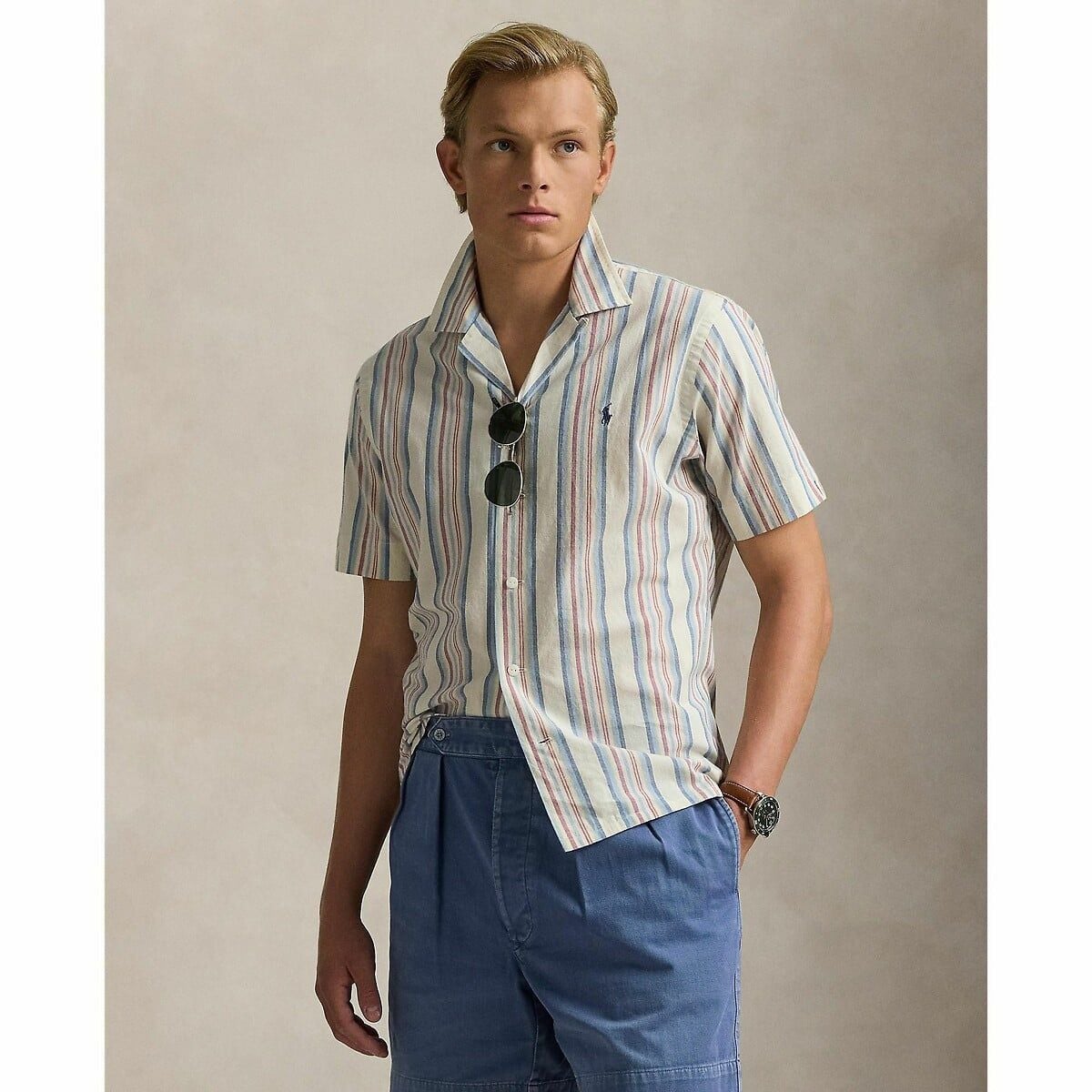  Ralph Lauren Classic Fit Striped Chambray Camp Shirt - Off White 