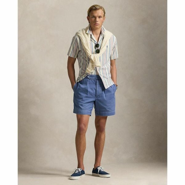  Ralph Lauren Classic Fit Striped Chambray Camp Shirt - Off White 