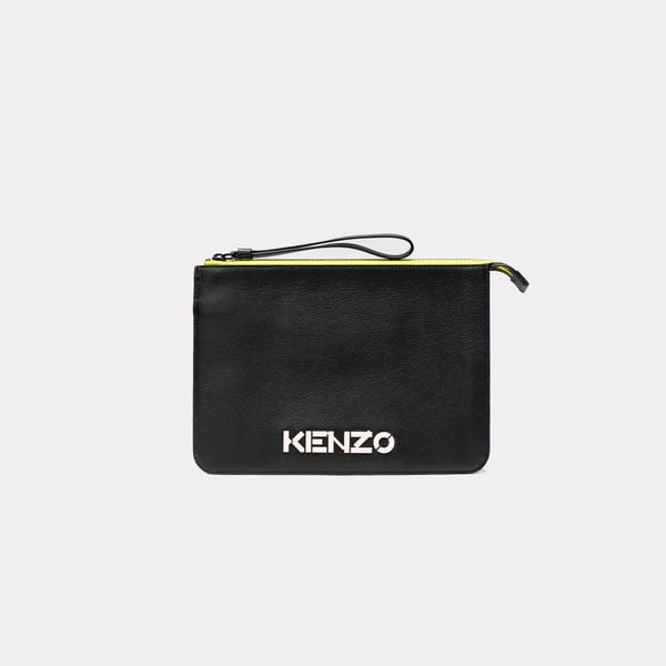  KENZO Logo Large Leather Clutch - Black / Yellow 