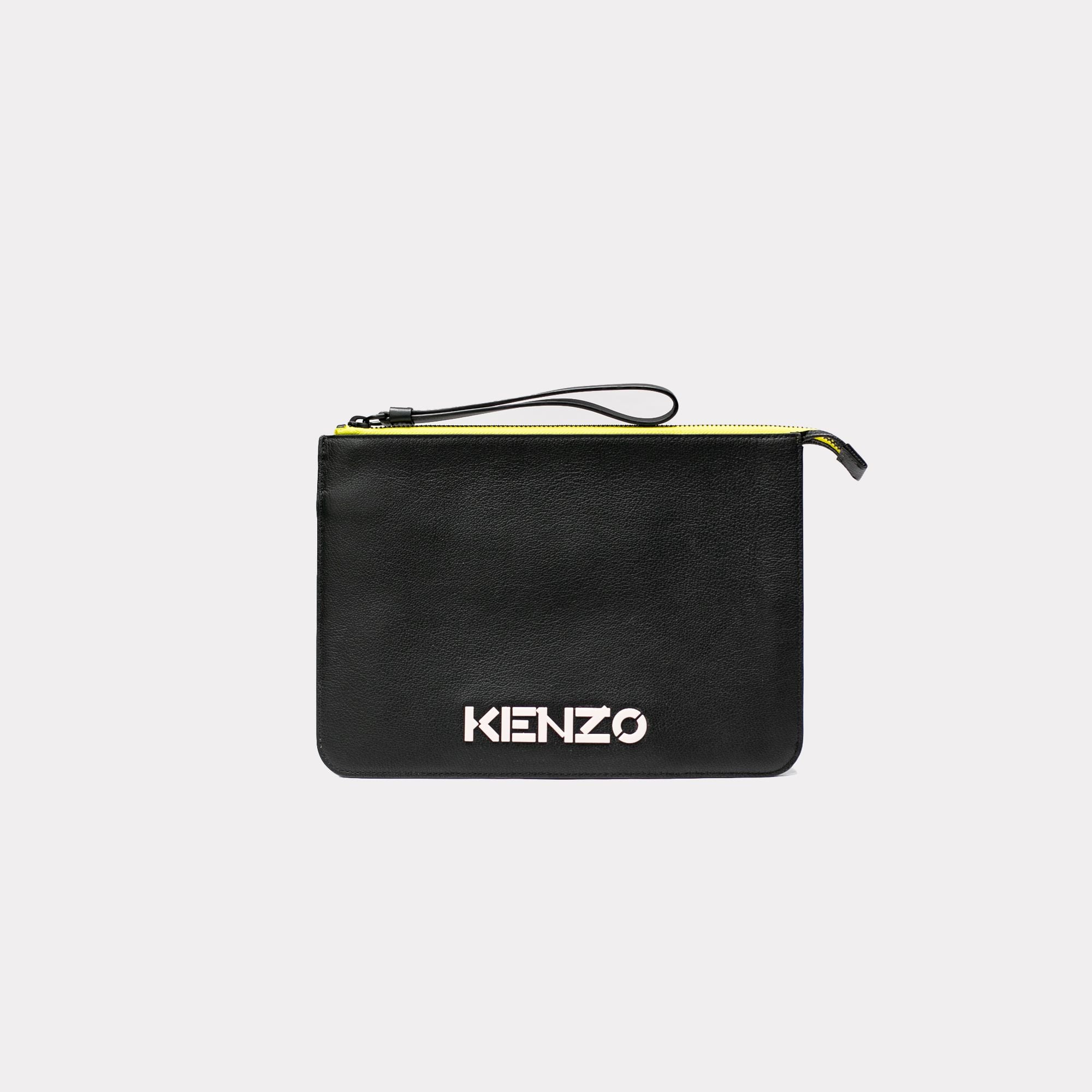  KENZO Logo Large Leather Clutch - Black / Yellow 