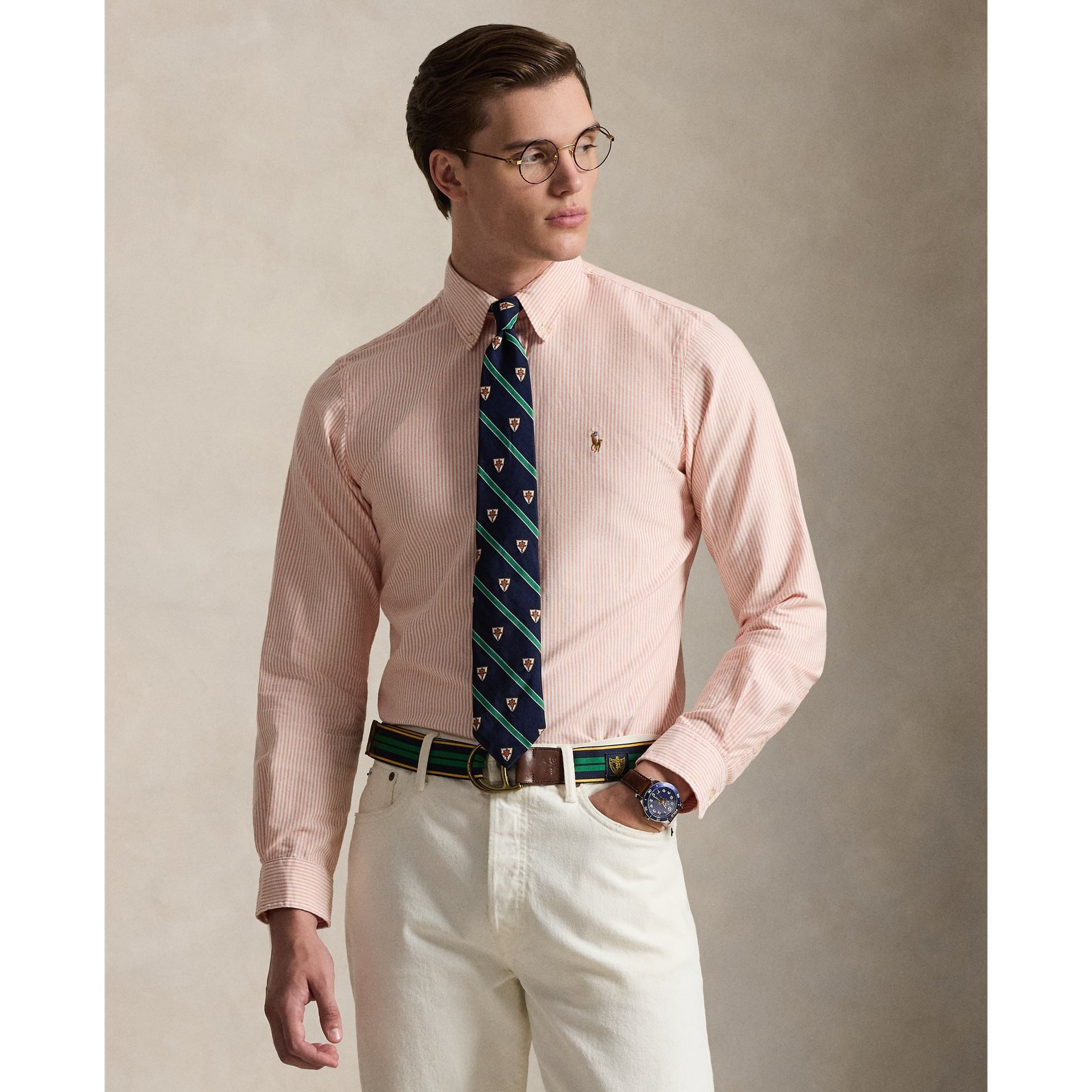  Ralph Lauren Classic Fit Striped Oxford Shirt - Peach 