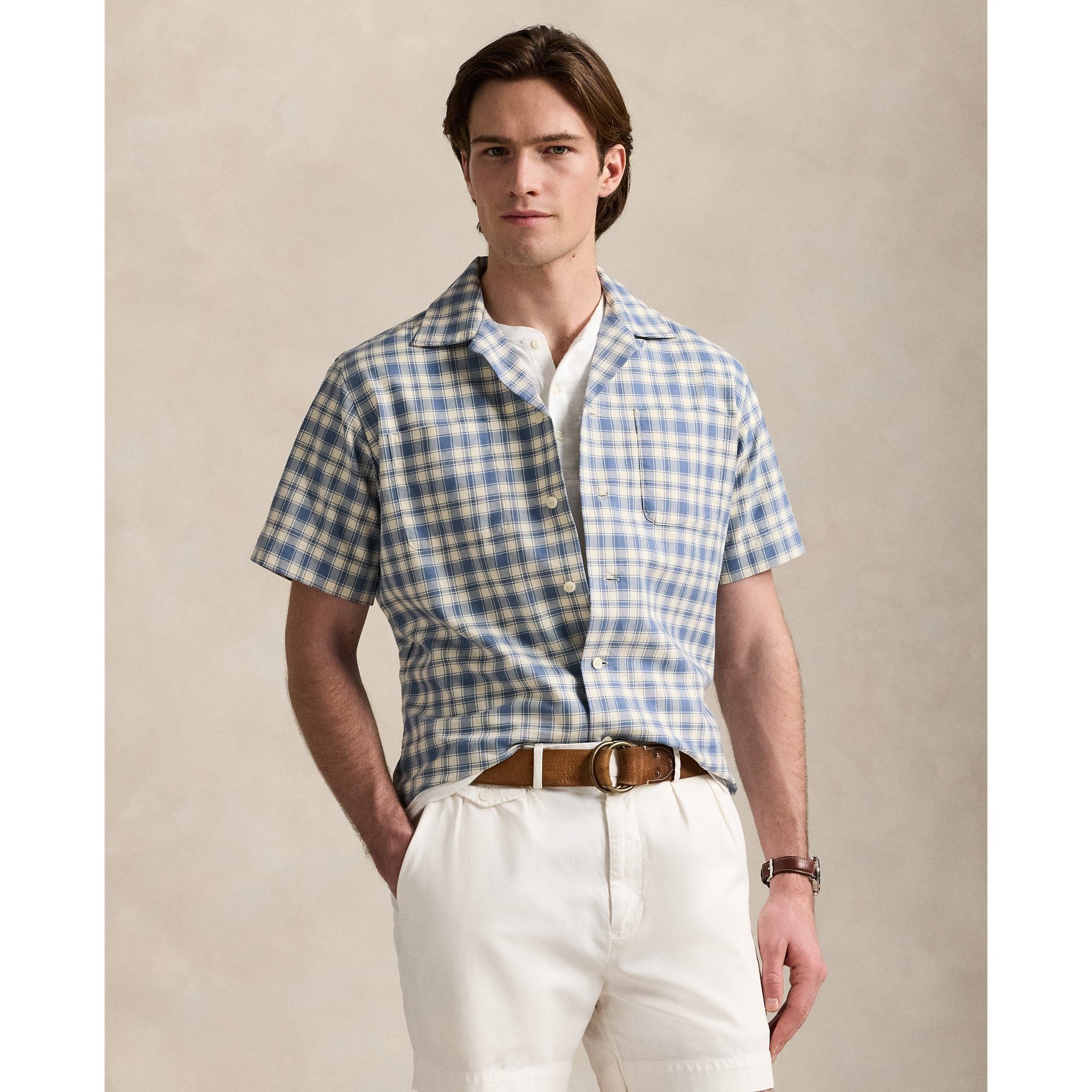  Ralph Lauren Classic Fit Plaid Oxford Camp Workshirt - Blue / Cream 