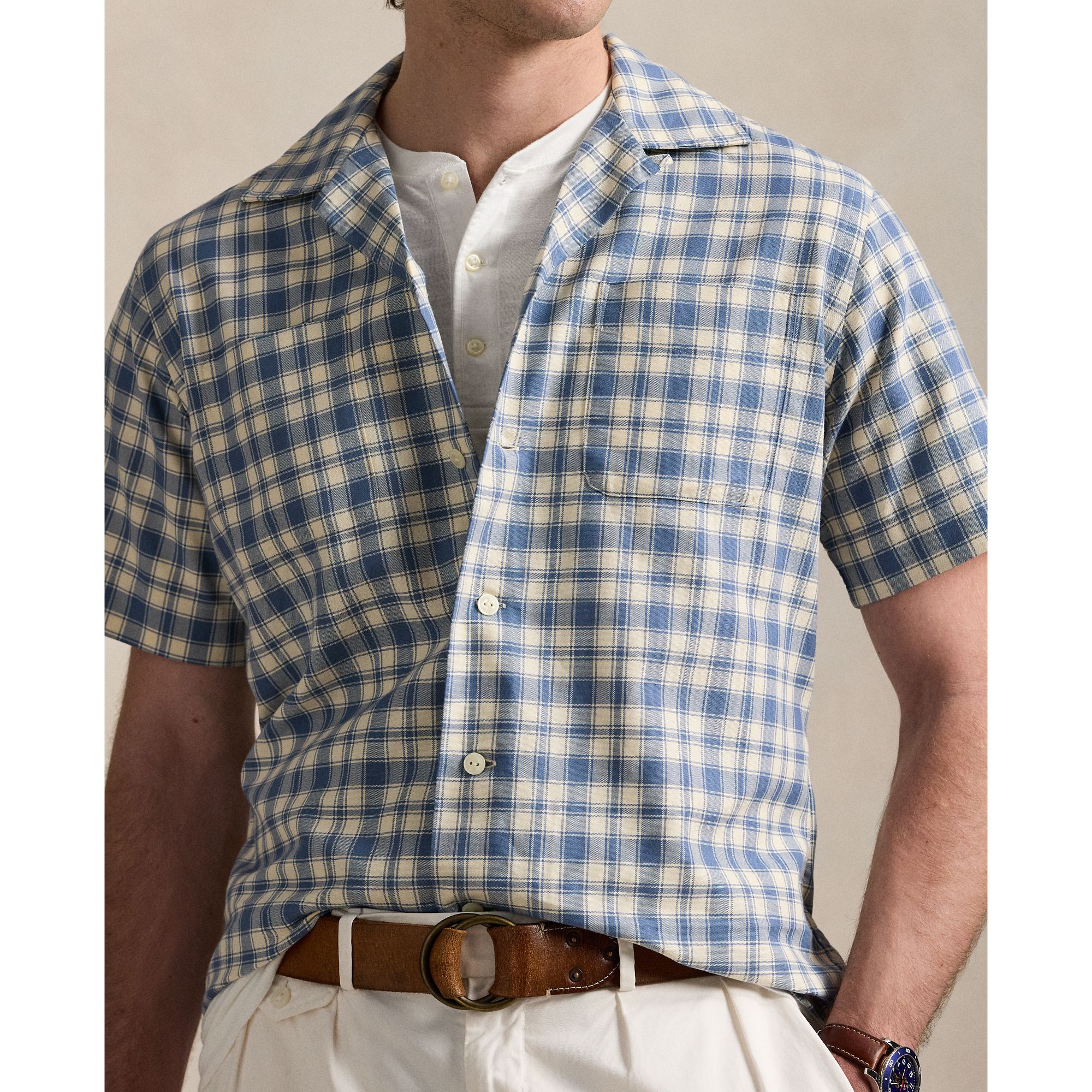  Ralph Lauren Classic Fit Plaid Oxford Camp Workshirt - Blue / Cream 