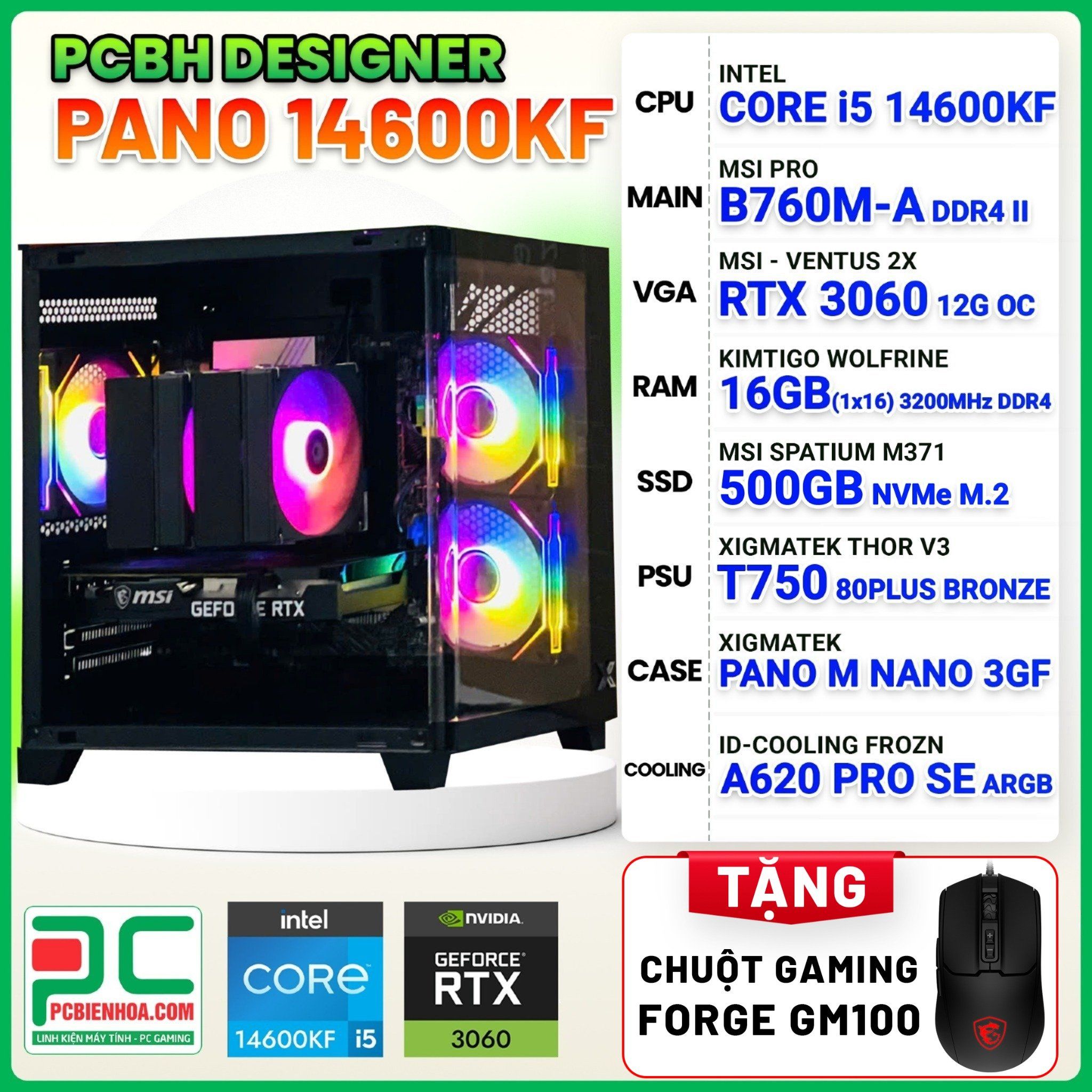  PCBH DESIGNER PANO CORE i5 14600KF / B760M / RTX 3060 12GB / 16GB / 500GB 
