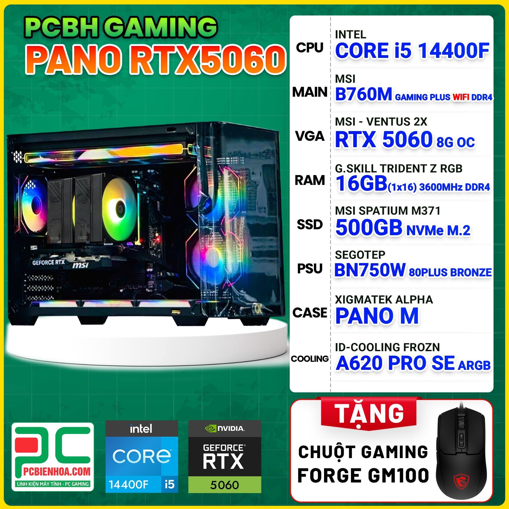  PCBH GAMING PANO CORE i5 14400F / B760M WIFI / RTX 5060 8GB / 16GB / 500GB 