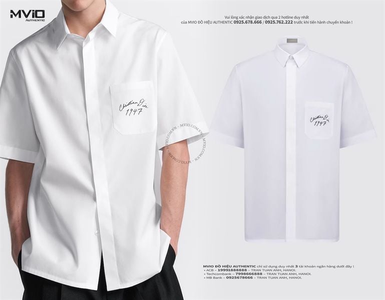  SƠ MI DIOR CỘC TAY TRẮNG CHỮ TÚI NGỰC 1947 493C521A1581 003 