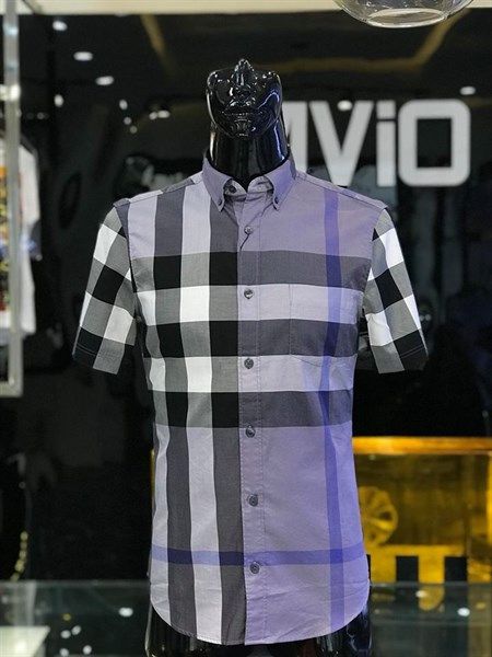  Sơ Mi Burberry Cộc Tay Kẻ Ghi Tím 