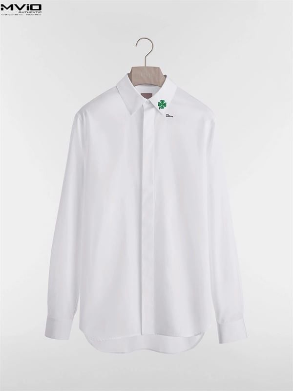  Sơ Mi Dior Dài Tay Trắng Poplin Thêu Cỏ 3 Lá 683C530B1581_C086 