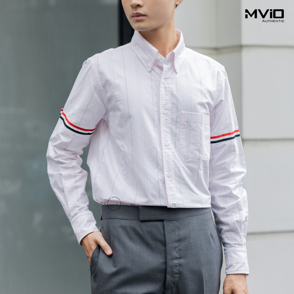  Sơ Mi Thom Browne Trắng Hồng Nhạt Kẻ Xám MWL301O07720 680 