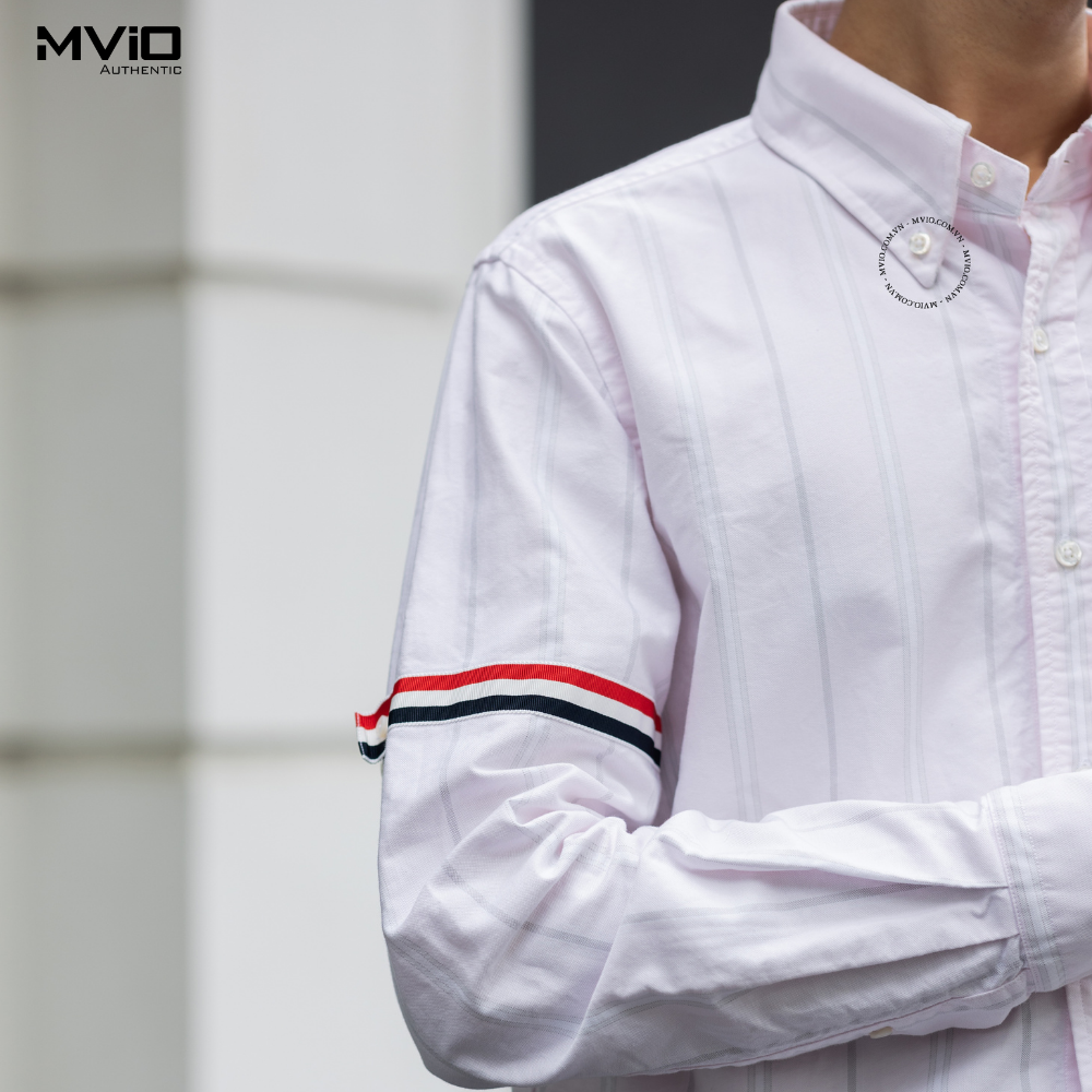  Sơ Mi Thom Browne Trắng Hồng Nhạt Kẻ Xám MWL301O07720 680 