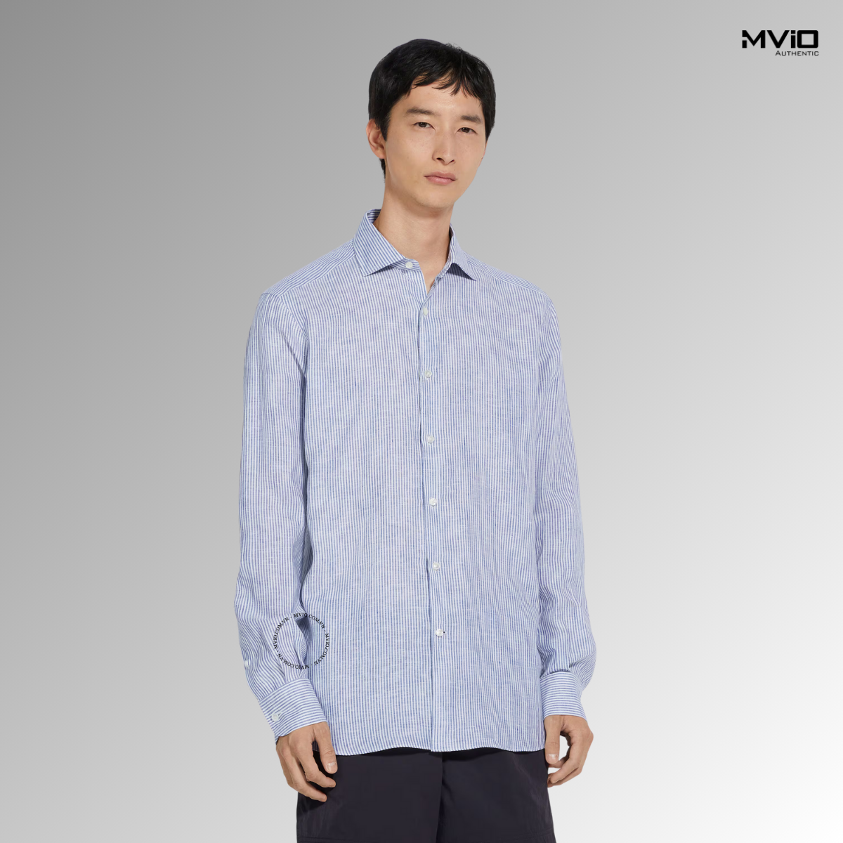  Sơ Mi Zegna Dài Tay Xanh Kẻ UFX27A9 SRF7 