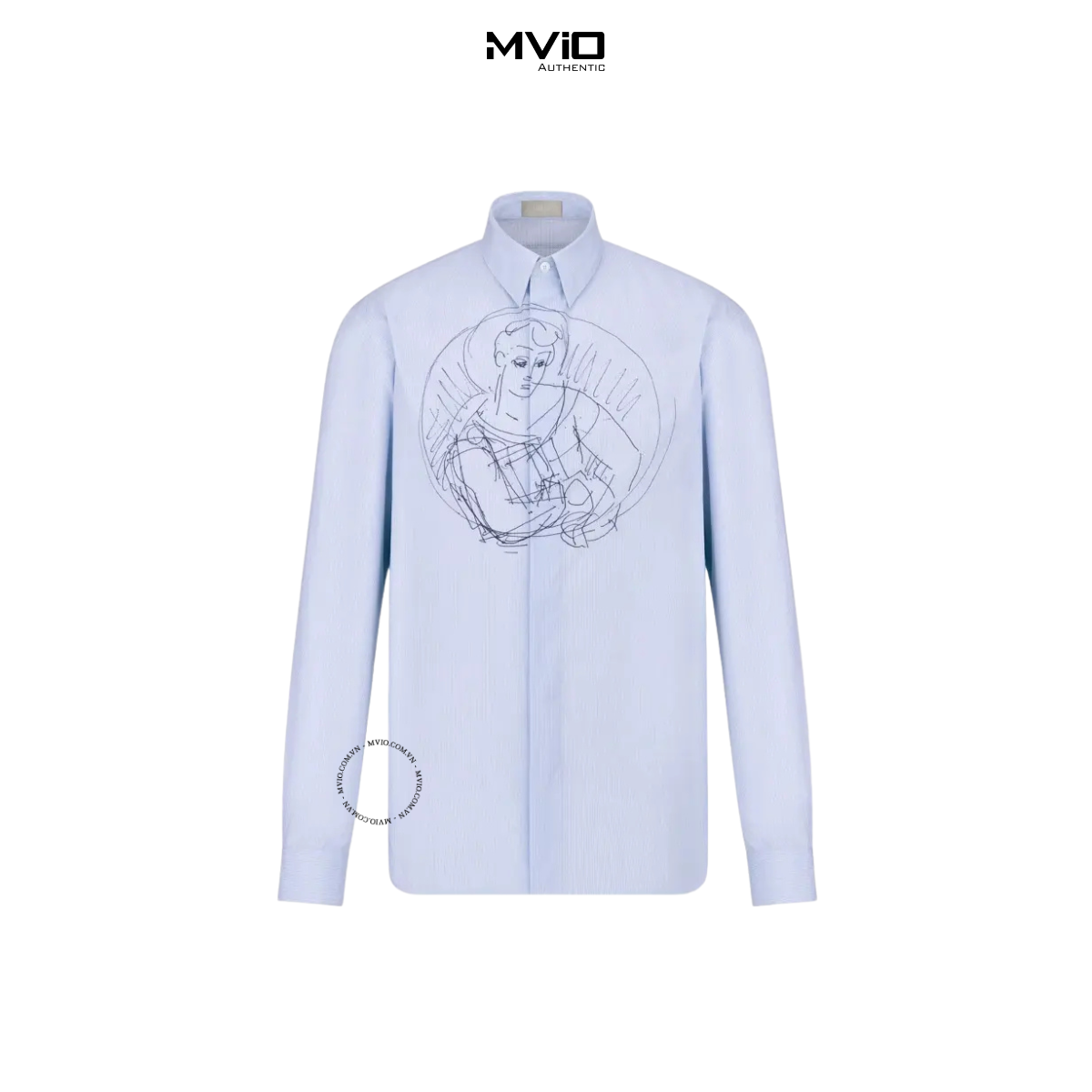  Sơ Mi Dior Dài Tay Xanh Nhạt Kẻ Hoạ Tiết Ngực 383C563A5802 