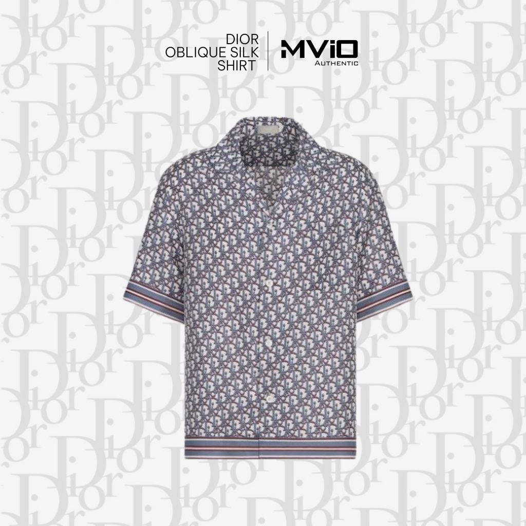  Sơ Mi Dior Cộc Tay Lụa Vân Oblique Xanh 113C519A4751 014 